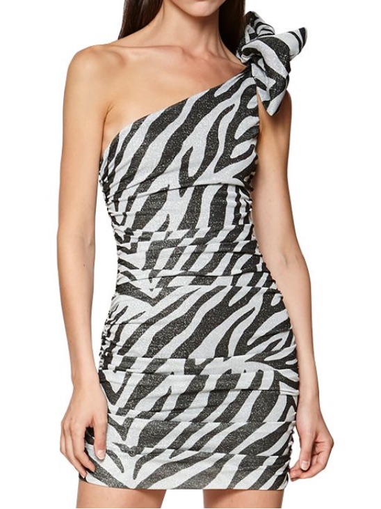 Redemption One-Shoulder Zebra Print Mini Dress In Black And White It40